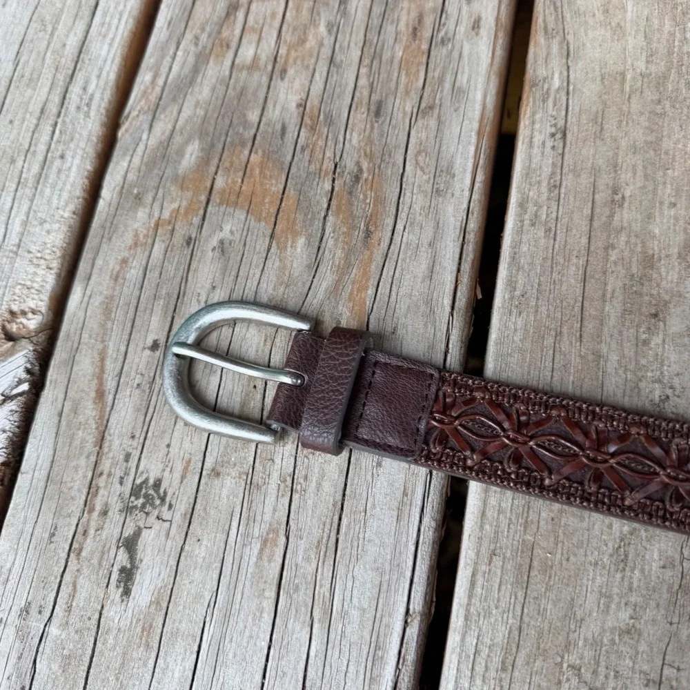 Woven Leather Belt Womens Large Brown Boho Interlaced Floral Silver Buckle 43in
